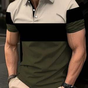 1pc Men'S Summer Casual Short Sleeve Polo Shirt - Polyester Knit Fabric with Slight Stretch, All Over Print Lapel Collar, Button Detail, Regular Fit - Trendy Multi-Color Short Sleeve Polo Top