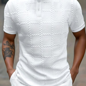 Men'S Summer Casual Short Sleeve T-Shirt - Comfortable Checkered Jacquard Design, Breathable Polyester Blend, Round Neck with Button Detail, Perfect for Casual Attire, Breathable Shirt | Button Detail Shirt | Smooth Texture Shir