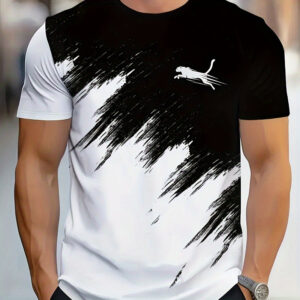 Men'S Casual Crew Neck T-Shirt with Running Animal 3D Print, Geometric Asymmetrical Design, 100% Polyester Knit Fabric, Slight Stretch, Regular Fit, Summer Street Hip Hop Sports Tee, 110gsm - Black & White