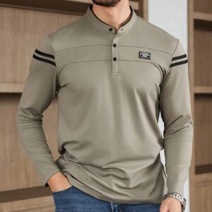 Men'S Casual Long Sleeve T-Shirt - Solid Color with Stand Collar & Stripe Polo, Button-Up Front, Ideal for Outdoor Activities