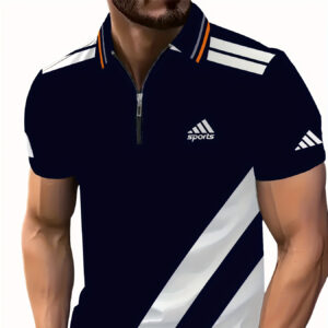Casual Style 3D Printed Shirt, Men's Zip-Up Turn- Collar, Stylish and Breathable Quick-Dry Summer T-Shirt