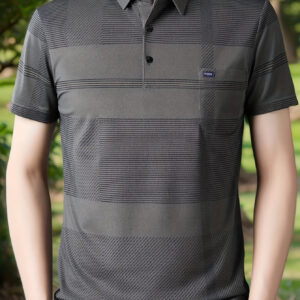 Men'S Stylish Navy Blue Striped Polo Shirt - Casual Summer Knit Fabric, Short Sleeve, Half Placket with Buttons, Casual Attire|Striped Pattern|Polyester Fabric
