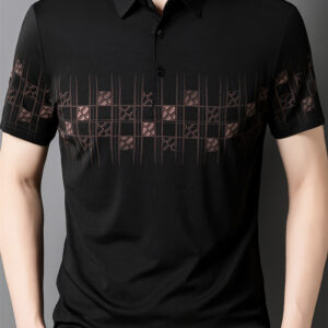 Men'S Stylish Black Polo Shirt with Abstract Print, Three-Button Closure, Short Sleeve - Perfect for Summer Casual Wear, Everyday Polo | Modern Polo Shirt | Medium Stretch Fabri