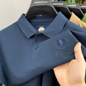 Men'S Luxury Embroidered Polo Shirt - "Est. 50.42meter Logo, Breathable Mesh Fabric, Casual Business Attire, Short Sleeve, Summer Style, Casual Business Attire | Embroidered Logo Shirt | Ribbed Knit Detail, Essential T Shirts