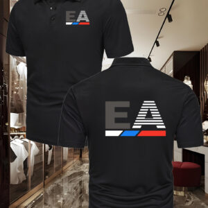 Men's Casual Short Sleeve Shirt - Breathable Summer T-Shirt with Bold EA Logo & Striped Design, Black Regular Fit for Sports, Tennis, Casual Attire