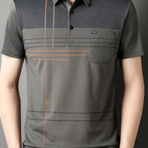 Men'S Summer Casual Polo Shirt - Olive Green with Brown Stripes, Breathable & Non-Stretch Fabric, Chest Pocket, Button-Up Collar, Short Sleeve, Perfect for Casual Outings, Everyday Polo Shirt | Stylish Casualwear | Comfortable Fit