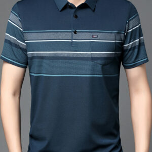 Men's Casual Short Sleeve T-Shirt - Soft Breathable Fabric, Classic Striped Design with Chest Pocket, Regular Fit H-Size for Summer Comfort, Striped Shirt, Skinfriendly Material