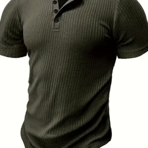 Men's Solid Stripe Pattern Knit Short Sleeve Henley Shirt, Casual And Chic For Summer Leisurewear And Outdoors Activities