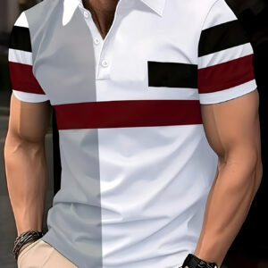 Men's Summer Short Sleeve Shirt - Geometric Striped Casual & Tennis Shirt, Breathable Fabric, Machine Washable, Regular Fit with Button Detail, Tennis Apparel | Style Shirt | Regular Fit