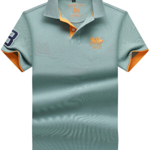 Men'S 95% Cotton Embroidered Polo Shirt - Short Sleeve, Green with Orange Accents, Casual Summer Top with "HORSE" Logo, Breathable & Comfortable for Casual Attire, Everyday Comfort | Embroidered Logo Shirt | Smooth Texture Fabric