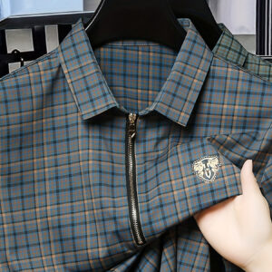 Men's Summer Short Sleeve Shirt with Zipper Front Pocket - Lightweight Soft Breathable Fabric, Digital Print Plaid Design, Casual Regular Fit, Machine Washable, Ideal Gift for Men, Stylish Chest Logo | Medium Elasticity