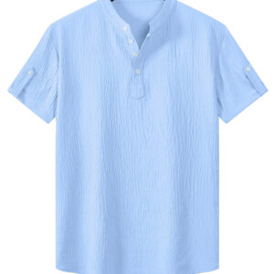 Men'S Light Blue Short Sleeve Shirt - Casual Summer Button-Up with Stand Collar, Regular Fit, Solid Color, Comfortable & Versatile for Casual Attire, Short Sleeve Blouses, Versatile Menswear, Classic Collar Design, Slight Stretch Fabric
