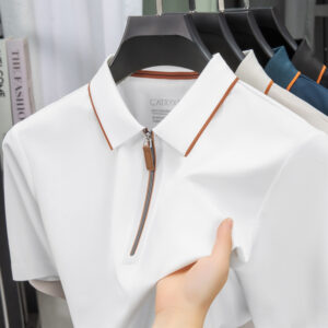 CRRTMARO Men'S Summer Casual Short Sleeve Polo Shirt - White with Brown Trim, Button-Up Collar, Loose Fit, Lightweight & Breathable for Casual Attire, Breathable Fabric, Stylish Button Details