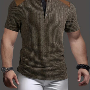 Men'S Casual Striped Henley Shirt - Short Sleeve, Button-Up, Knit Fabric, Color Block Design, Perfect for Summer Outdoor Activities, Casual Wear | Striped Pattern | Knit Construction, Henley Shir
