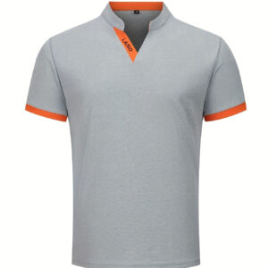 [Sporty Appeal] Men's Lightweight V-Neck Henley Shirt - Casual Gray with Orange Trim, Logo, Short Sleeve, Polyester Blend, Machine Washable for Summer Sports, Athletic Shirt|Modern Casual Shirt|Contrast Trim