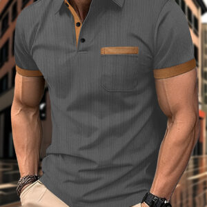 Men'S Summer Casual Polo Shirt with Chest Pocket & Button- Collar Trim - Beige & White Two-Tone Design, Short Sleeve, Medium Stretch Fabric for Golf, Business Casual, Date Night & Everyday Wear, Golf Attire, Sleek Appearance, Comfortable Fit
