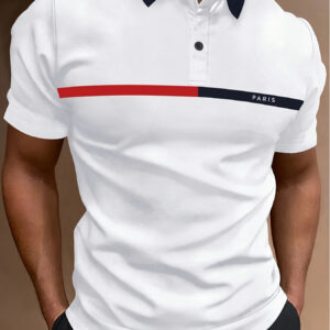 Men'S Summer White Polo Shirt with Navy Blue Trim & Red Accents - Casual Short Sleeve, Button-Up Collar, Lightweight Polyester Fabric for Outdoor Fashion, Polo Shirt