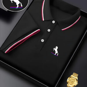 Men'S Navy Blue Polo Shirt with Red & White Stripes - Stylish Summer Short Sleeve, Breathable Fabric, Perfect for Business Casual & Tennis Training, Gift Item, Casual Summer Wear | Polo Shirt with Stripes | Comfortable Fit Shirt
