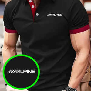 Men'S Quick-Dry Breathable Golf Shirt - Lightweight V-Neck Short Sleeve Casual Polo Top with Alpine Logo Print, Regular Fit Summer Sports & Business Casual Wear, Golf Shirt