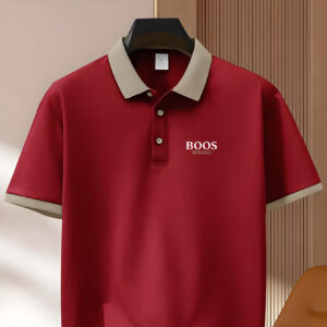 Men's Breathable Shirt - Stylish Short Sleeve with "BOOS" Print, Lightweight Polyester Fabric, Green Collar & Button Detail, Perfect for Casual Summer Wear