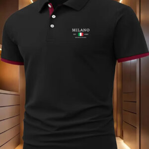 Men's Milano Italy Flag Shirt - Breathable Golf & Casual Short Sleeve with Contrast Trim, Geometric Pattern, Machine Washable Summer Outdoor Activewear, Smooth Texture