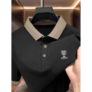 Men'S Summer New Polo Shirt with Contrast Collar, England Elements Pattern Print, British Gentleman Style Short Sleeve Top