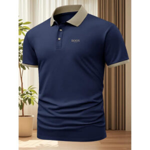 Men'S Light Blue Geometric "BOOS" Print Polo Shirt - Casual, Comfortable, Stretchy Fabric with Collar and Short Sleeves - Summer Fashion Essential, Polo Shirt