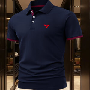 Men's Shirt - Deep Red & Navy Collar - Breathable Quick-Dry Fabric - Button-Front Placket - Regular Fit Golf, Office, Formal Events - Machine Washable Summer Shirt, Golf T Shirts, Casual Wear, Classic Design, Durable Construction, Versatile Clothing, Professional Attire, Outdoor Activities, Buttonup Shirt, Lightweight Clothing, Short Sleeve Top, Business Professionals