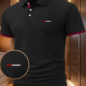 Men'S Navy Blue Geometric Print Polo Shirt - Casual Short Sleeve with Red Trim, Button-Up Collar, Lightweight & Breathable for Summer Outdoor Activities, Summer Casual Wear | Geometric Pattern Shirt | Comfortable Fit