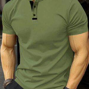 Men's casual solid color round neck button-up short-sleeve shirt, suitable for home outdoor travel, with a soft and comfortable fabric