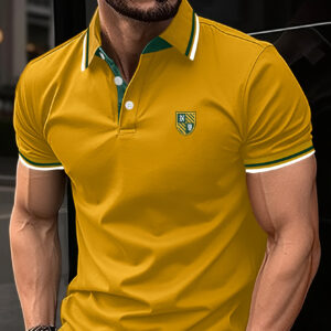 Men's Casual Shirt - Vibrant Yellow with Green & White Stripes, Short Sleeve Breathable 100% Polyester, Regular Fit Summer Knit Top for Casual & Semi-Formal Wear