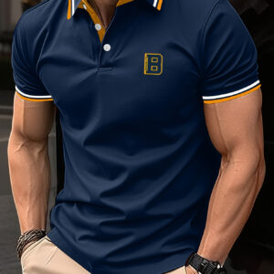 Men's Trendy Simple Letter Print Color Block Short Sleeve Button Up Lapel Shirt For Summer Daily, Golf Shirt