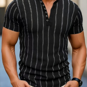 Men'S Casual Striped Henley Shirt - Black & White, Short Sleeve, Knitted Fabric, Summer Outdoor Tee with Button- Neck, Casual Attire | Casual Style | Knitted Texture