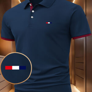 Men'S Red Polo Shirt with White & Blue Geometric Pattern - Short Sleeve, Button-Up Collar, Comfortable Summer Casual Top for Outdoor Activities, Casual Summer Top|Geometric Pattern Shirt|Slight Stretch Fabric