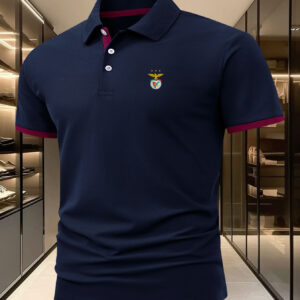 Men'S S.L. Benfica Soccer Club Logo Golf & Equestrian Polo Shirt - Breathable Short Sleeve, Light Gray with Blue Trim, Regular Fit for Business Casual & Outdoor Activities, Summer Essential, Golf Attire, Sporty Design, Comfortable Fabric
