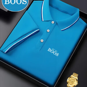 BOOS Men's Classic Shirt - Breathable Summer Short Sleeve, Navy Blue with Red & White Striped Collar, Casual Business & Tennis Training, High-End Polyester Fabric, Button-Up Design
