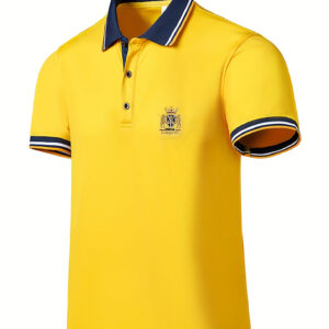 Men's Casual Shirt - Vibrant Red with Golden Embroidered Crest, Short Sleeve Summer Shirt, Regular Fit, Black & Yellow Trim Collar, Breathable Fabric for Casual & Semi-Formal Wear, Contrast Stripe Detailing
