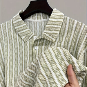 Men's Lightweight Breathable Shirt - Mint Green & White Vertical stripes, Soft Fabric for Business, Vacation, Everyday - Classic Collar Shirt for Office, Golf, Casual Outfits - Machine Washable Summer Shirt, Vacation Clothing, Stylish Contrast Collar