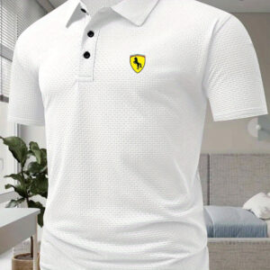 Men's Shirt - Navy Blue with Yellow Emblem, Breathable Quick-Dry Fabric, Business Casual & Everyday Summer Shirt for Office, Golf, Parties - S534, Classic Collar Design, Subtle Texture Print, Golf Apparel, Stylish Menswear, Comfortable Fit, Golf Players