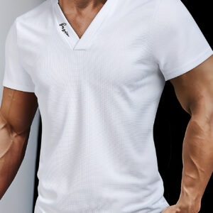 Men'S Casual V-Neck Henley Shirt - Summer Knit Polyester Top with Alphabet Pattern, Short Sleeve, Slight Stretch, Color Block Design, Regular Fit, Outdoor Sports & Weekend Casual Wear