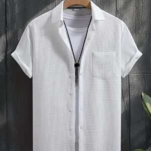 Men'S Light Blue Striped Casual Short Sleeve Button-Up Shirt - Breathable Summer Fabric, Classic Pointed Collar & Chest Pocket, H-Fit for Outdoor & Casual Attire, Leisure Clothing, Relaxed Fit, Comfortable Wear