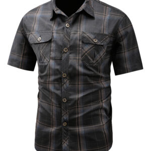 Men'S Summer Casual Loose Fit Plaid & Striped Short Sleeve Shirt - Blue, Black & White Checkered Pattern, Button-Up Collared Design, Lightweight Polyester Fabric for Outdoor Activities, Short Sleeve Tops, Casual Attire, Classic Collar, Sturdy Build