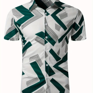 Men's Casual Short Sleeve Button-Up Shirt with Unique Geometric Pattern in Navy Blue, White & Black – Lightweight Polyester Fabric, Perfect for Summer, Short Sleeve Tops