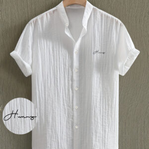 Men'S Summer Casual Short Sleeve Shirt with "HUMOR" Letter Print, Stand Collar, Button-Up Front, Lightweight Polyester Blend, Regular Fit for Casual Attire, Summer Casual Wear | Short Sleeve Shirt | Nonstretch Fabric