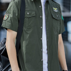 Men's 100% Short Sleeve Shirt - Olive Green Military-Style Casual Button-Up with Chest Pockets, Breathable Regular Fit for Outdoor & Casual Attire