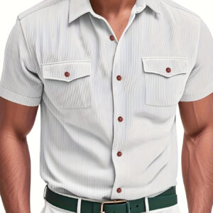 Men'S Casual Summer Short Sleeve Shirt - Olive Green Corduroy Workwear Style with Chest Pockets, Button-Up Collared Design, Lightweight & Breathable for Casual Attire, Allseason Apparel | Relaxed Fit Shirt | Durable Casualwear