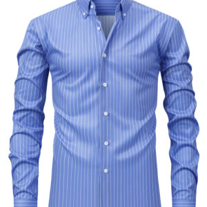 Men's Casual Digital Stripe Long Sleeve Shirt - Wrinkle-Resistant Stretch Fabric, Lightweight Blue & White Striped Button-Up for Spring/Fall, Versatile for Office & Casual Outings, Classic Collar Design, Easycare Material