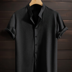 1pc Summer Casual Button-Up Shirt - Lightweight Breathable Short Sleeve with Stand Collar, Moisture-Wicking Comfort for Beach, Camping, Golf & Everyday Wear, Camping Apparel, Classic Buttonup Design, Nonstretch Fabric