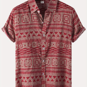Stylish Geometric Pattern Print Button Up Shirt, Casual Comfy Shirt For Men, Short Sleeve Top For Summer