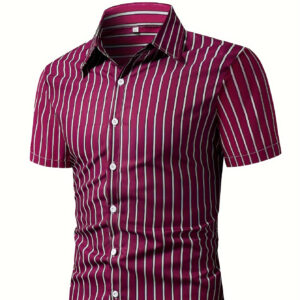 Men'S Summer Casual Striped Shirt, 100% Polyester Short Sleeve Woven Button-Up with Lapel Collar, Regular Fit - 120gsm